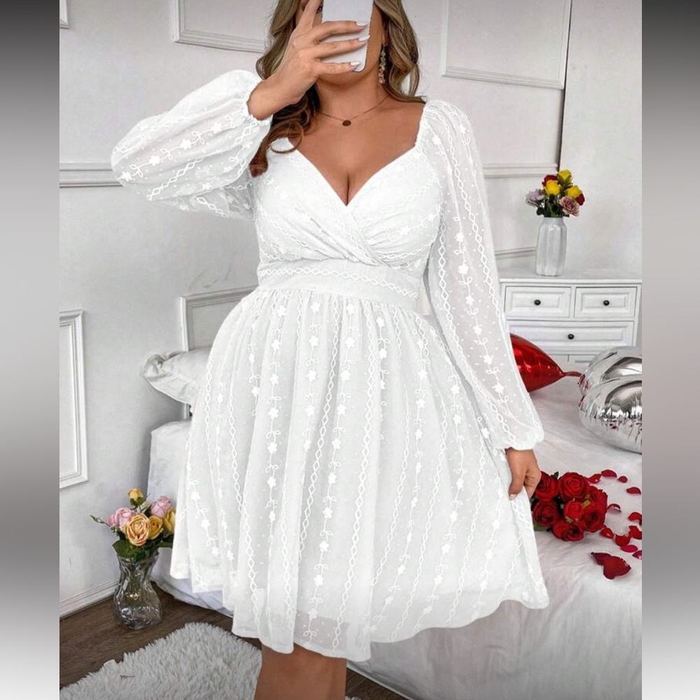 SHEIN White Long Sleeve V-Neck Lace A-Line Dress